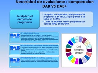 5
Necesidad de evolucionar : comparación
DAB VS DAB+
•Se triplica la capacidad, transportando 18
programas a 64 kbit/s, 24 programas a 48
kbit/s en 1,5 MHz
•O bien se difunden menos programas con
calidad MPEG SURROUND.
Se triplica el
número de
programas
MPEG SURROUND : Norma
•Estandarizado en MPEG-D, parte 1 (ISO/IEC 23003-1)
•Codificación de señales multicanales basada en una mezcla
multicanal (downmix) de la señal original y parámetros
espaciales asociados, que ofrece el más bajo régimen binario
de codificación de señales multicanal
MPEG SURROUND : Difusión de señales multicanales
• Decodificación binaural del flujo MPEG SURROUND, haciendo
posible la experiencia del sonido surround en “headphones” o
cascos
•Una señal estéro puede ser expandida a multi-canal, con un
pequeño aumento de la señal de datos
MPEG SURROUND : Modo matricial realzado
•Hace posible la mezcla multicanal (Upmix) desde una señal
estéreo, sin necesidad de parámetros espaciales adicionales
 