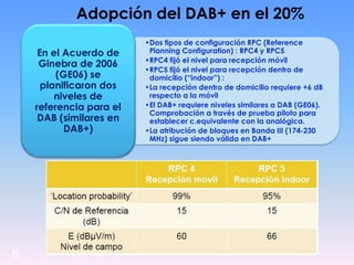8
Adopción del DAB+ en el 20%
•Dos tipos de configuración RPC (Reference
Planning Configuration) : RPC4 y RPC5
•RPC4 fijó el nivel para recepción móvil
•RPC5 fijó el nivel para recepción dentro de
domicilio (“indoor”) :
•La recepción dentro de domicilio requiere +6 dB
respecto a la móvil
•El DAB+ requiere niveles similares a DAB (GE06).
Comprobación a través de prueba piloto para
establecer c.equivalente con la analógica.
•La atribución de bloques en Banda III (174-230
MHz) sigue siendo válida en DAB+
En el Acuerdo de
Ginebra de 2006
(GE06) se
planificaron dos
niveles de
referencia para el
DAB (similares en
DAB+)
 