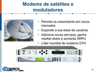 Modems de satélites e
moduladores
• Permite os crescimento em novos
mercados
• Expande a sua base de usuários
• Adiciona novos serviços, ganha
market share e aumenta ARPU
• Líder mundial de modems DTH
12
 