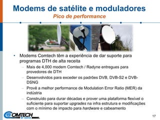 Modems de satélite e moduladores
Pico de performance
• Modems Comtech têm a experiência de dar suporte para
programas DTH de alta receita
– Mais de 4,000 modem Comtech / Radyne entregues para
provedores de DTH
– Desenvolvidos para exceder os padrões DVB, DVB-S2 e DVB-
DSNG
– Provê a melhor performance de Modulation Error Ratio (MER) da
indústria
– Construído para durar décadas e prover uma plataforma flexível o
suficiente para suportar upgrades na infra estrutura e modificações
com o mínimo de impacto para hardware e cabeamento
17
 