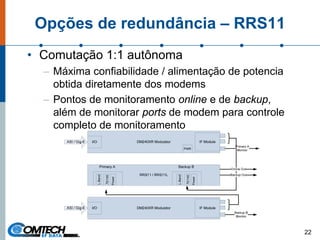Opções de redundância – RRS11
22
• Comutação 1:1 autônoma
– Máxima confiabilidade / alimentação de potencia
obtida diretamente dos modems
– Pontos de monitoramento online e de backup,
além de monitorar ports de modem para controle
completo de monitoramentoPower
L-Band
70/140
Power
L-Band
70/140
 