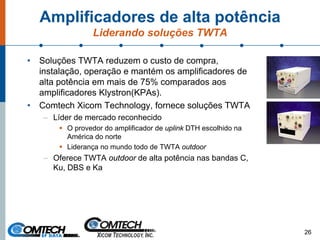 Amplificadores de alta potência
Liderando soluções TWTA
• Soluções TWTA reduzem o custo de compra,
instalação, operação e mantém os amplificadores de
alta potência em mais de 75% comparados aos
amplificadores Klystron(KPAs).
• Comtech Xicom Technology, fornece soluções TWTA
– Líder de mercado reconhecido
O provedor do amplificador de uplink DTH escolhido na
América do norte
Liderança no mundo todo de TWTA outdoor
– Oferece TWTA outdoor de alta potência nas bandas C,
Ku, DBS e Ka
26
 