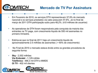 Mercado de TV Por Assinatura
• Em Fevereiro de 2010, os serviços DTH representavam 37,9% do mercado
nacional e os serviços prestados via cabo possuíam 57,6%. Já no final de
março de 2011 DTH participação subiu para 48,2%. (4.8 milhoes de usuarios)
• As operadoras de DTH foram responsáveis pela conquista da maioria dos
entrantes na TV paga, com crescimento líquido de 550 mil assinantes no
primeiro trimestre.
• Estima-se que no final de 2011 haja um crescimento liquido de
aproximadamente 2.5 milhões de assinantes ( > 60% de crescimento)
• No Final de 2010 o mercado estava divido entre os grandes provedores da
seguinte forma:
• Sky - 2,552 milhões
Via Embratel - 1,129 milhão
Telefônica - 486,3 mil DTH e MMDS
Oi TV - 402 mil clientes
5
 