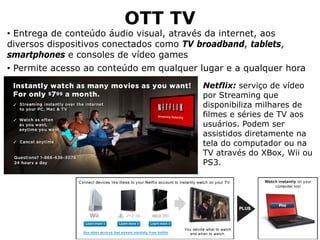 • Entrega de conteúdo áudio visual, através da internet, aos
diversos dispositivos conectados como TV broadband, tablets,
smartphones e consoles de vídeo games
OTT TV
Netflix: serviço de vídeo
por Streaming que
disponibiliza milhares de
filmes e séries de TV aos
usuários. Podem ser
assistidos diretamente na
tela do computador ou na
TV através do XBox, Wii ou
PS3.
• Permite acesso ao conteúdo em qualquer lugar e a qualquer hora
 