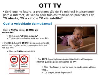 OTT TV
• Será que no futuro, a programação de TV migrará inteiramente
para a Internet, deixando para trás os tradicionais provedores de
TV aberta, TV a cabo e TV via satélite?
Qual a velocidade de mudança?
• Hoje, a Netflix possui 20 MM+ de
assinantes:
66% usam “stream instantly”
33% assistem diretamente em suas TVs
• Em 2016, haverá 250MM de casas no mundo
assistindo, regularmente, vídeos pela internet
nas sua TVs:
Mais de 70MM só nos U.S
• Em 2020, telespectadores assistirão tantos vídeos pela
internet quantos pelas emissoras de TV:
Eles não fazem a menor ideia da onde esses vídeos
virão...
...e tampouco se importam!!
 