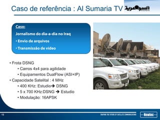 13
Caso de referência : Al Sumaria TV
• Frota DSNG
• Carros 4x4 para agilidade
• Equipamentos DualFlow (ASI+IP)
• Capacidade Satelital : 4 MHz
• 400 KHz: Estudio DSNG
• 5 x 700 KHz:DSNG Estudio
• Modulação: 16APSK
Caso:
Jornalismo do dia-a-dia no Iraq
• Envio de arquivos
• Transmissão de vídeo
 
