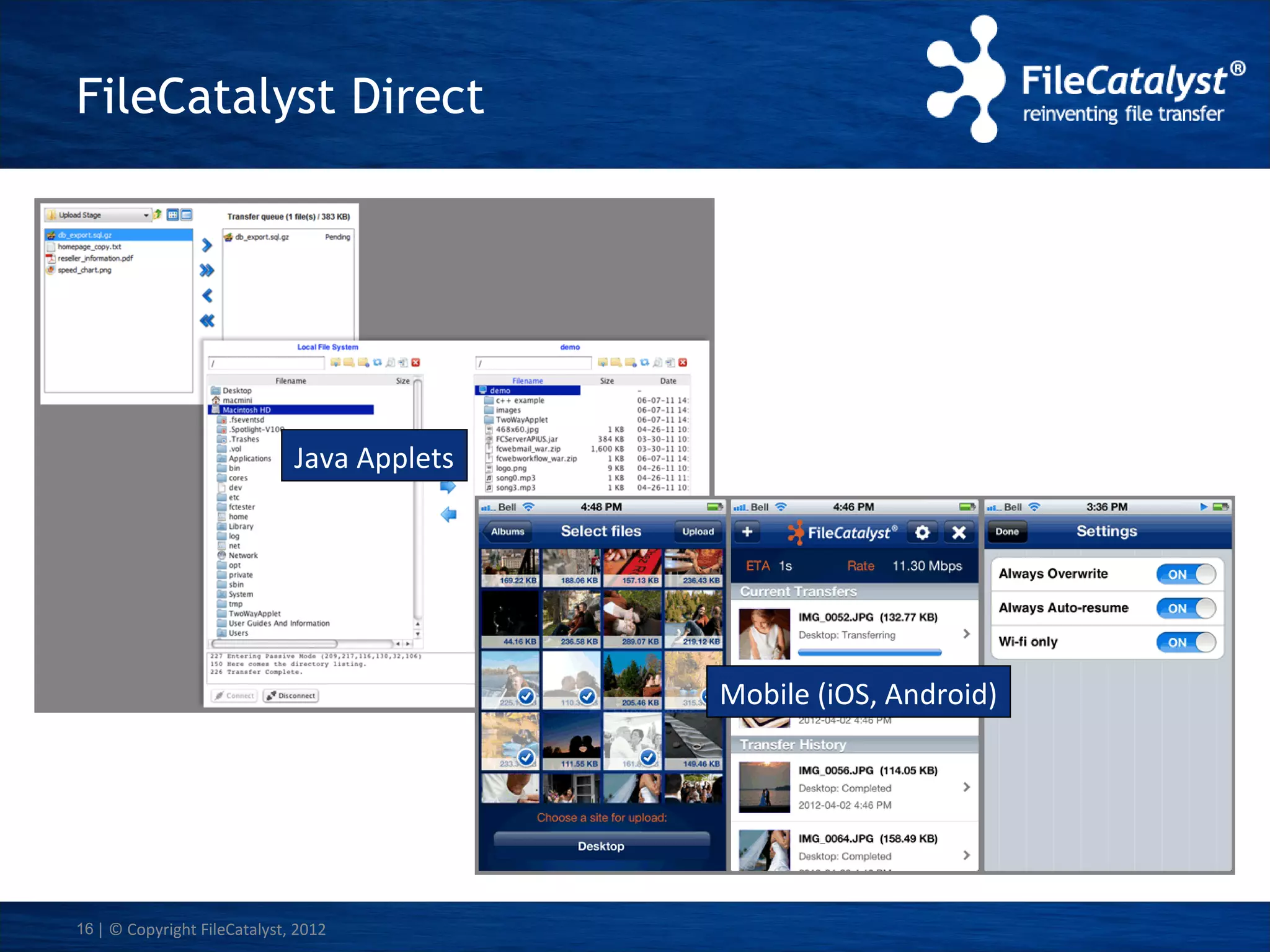 FileCatalyst Direct

Java Applets

Mobile (iOS, Android)

16 | © Copyright FileCatalyst, 2012

 