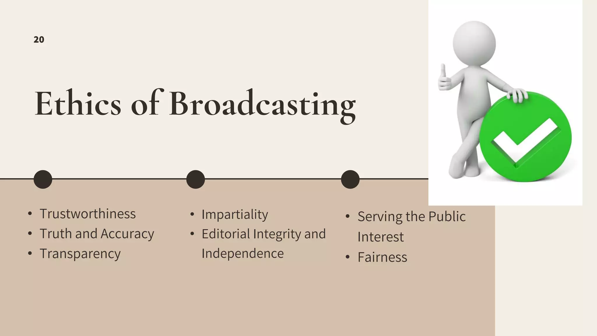 • Impartiality
• Editorial Integrity and
Independence
• Serving the Public
Interest
• Fairness
Ethics of Broadcasting
• Trustworthiness
• Truth and Accuracy
• Transparency
20
 