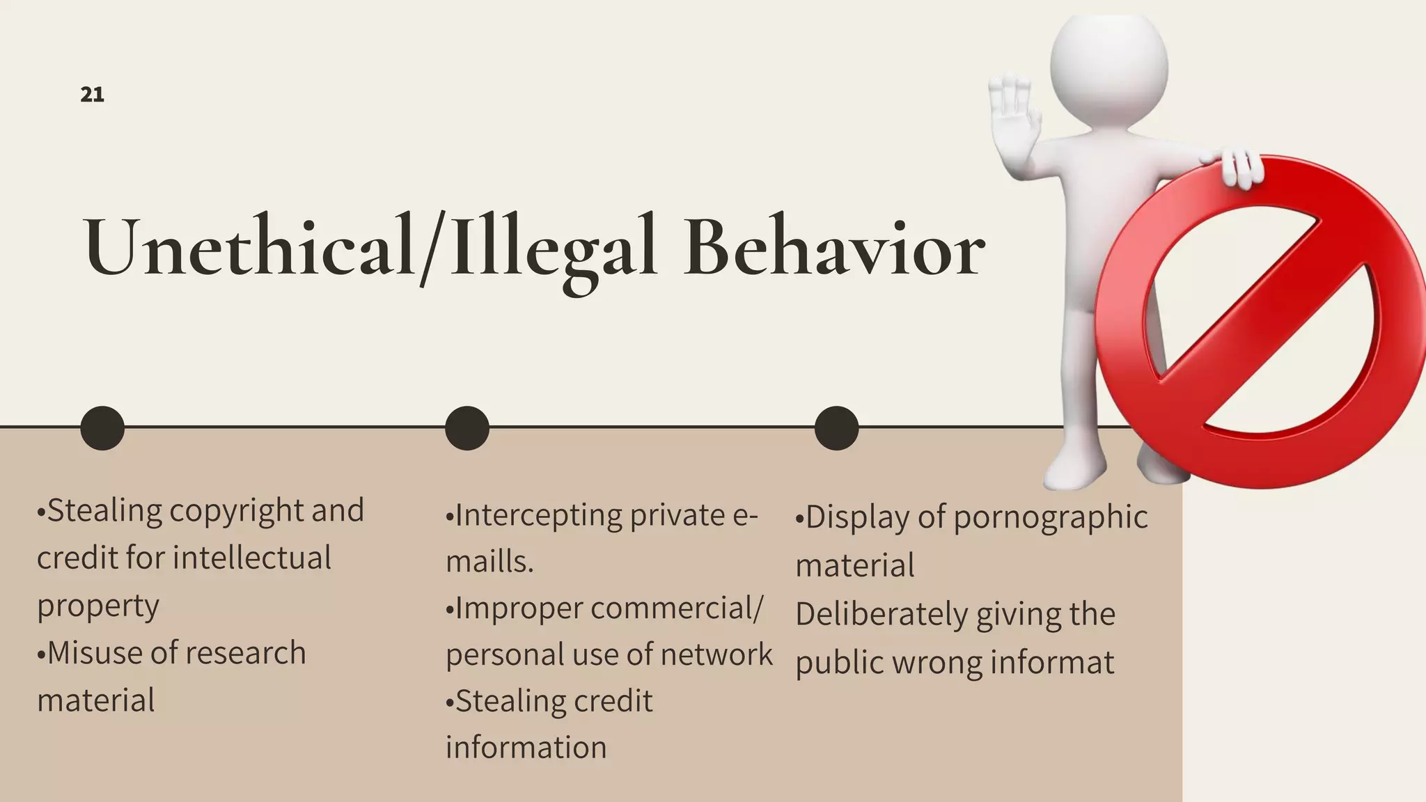 •Intercepting private e-
maills.
•Improper commercial/
personal use of network
•Stealing credit
information
•Display of pornographic
material
Deliberately giving the
public wrong informat
Unethical/Illegal Behavior
•Stealing copyright and
credit for intellectual
property
•Misuse of research
material
21
 