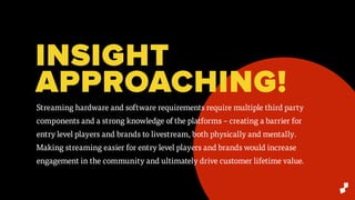 INSIGHT
APPROACHING!
Streaming hardware and software requirements require multiple third party
components and a strong knowledge of the platforms – creating a barrier for
entry level players and brands to livestream, both physically and mentally.
Making streaming easier for entry level players and brands would increase
engagement in the community and ultimately drive customer lifetime value.
 