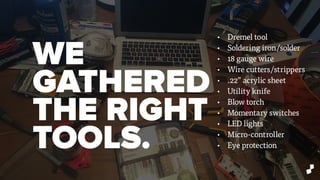 • Dremel tool
• Soldering iron/solder
• 18 gauge wire
• Wire cutters/strippers
• .22” acrylic sheet
• Utility knife
• Blow torch
• Momentary switches
• LED lights
• Micro-controller
• Eye protection
WE
GATHERED
THE RIGHT
TOOLS.
 