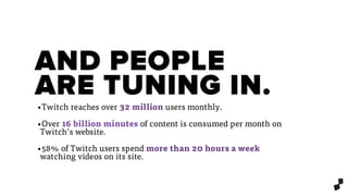 AND PEOPLE
ARE TUNING IN.
•Twitch reaches over 32 million users monthly.
•Over 16 billion minutes of content is consumed per month on
Twitch’s website.
•58% of Twitch users spend more than 20 hours a week
watching videos on its site.
 
