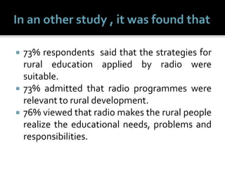  73% respondents said that the strategies for
rural education applied by radio were
suitable.
 73% admitted that radio programmes were
relevant to rural development.
 76% viewed that radio makes the rural people
realize the educational needs, problems and
responsibilities.
 