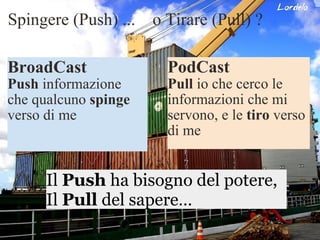 Spingere (Push) ...  o Tirare (Pull) ? BroadCast Push  informazione che qualcuno  spinge  verso di me PodCast Pull  io che cerco le informazioni che mi servono, e le  tiro  verso di me Il  Push  ha bisogno del potere,  Il  Pull  del sapere… 