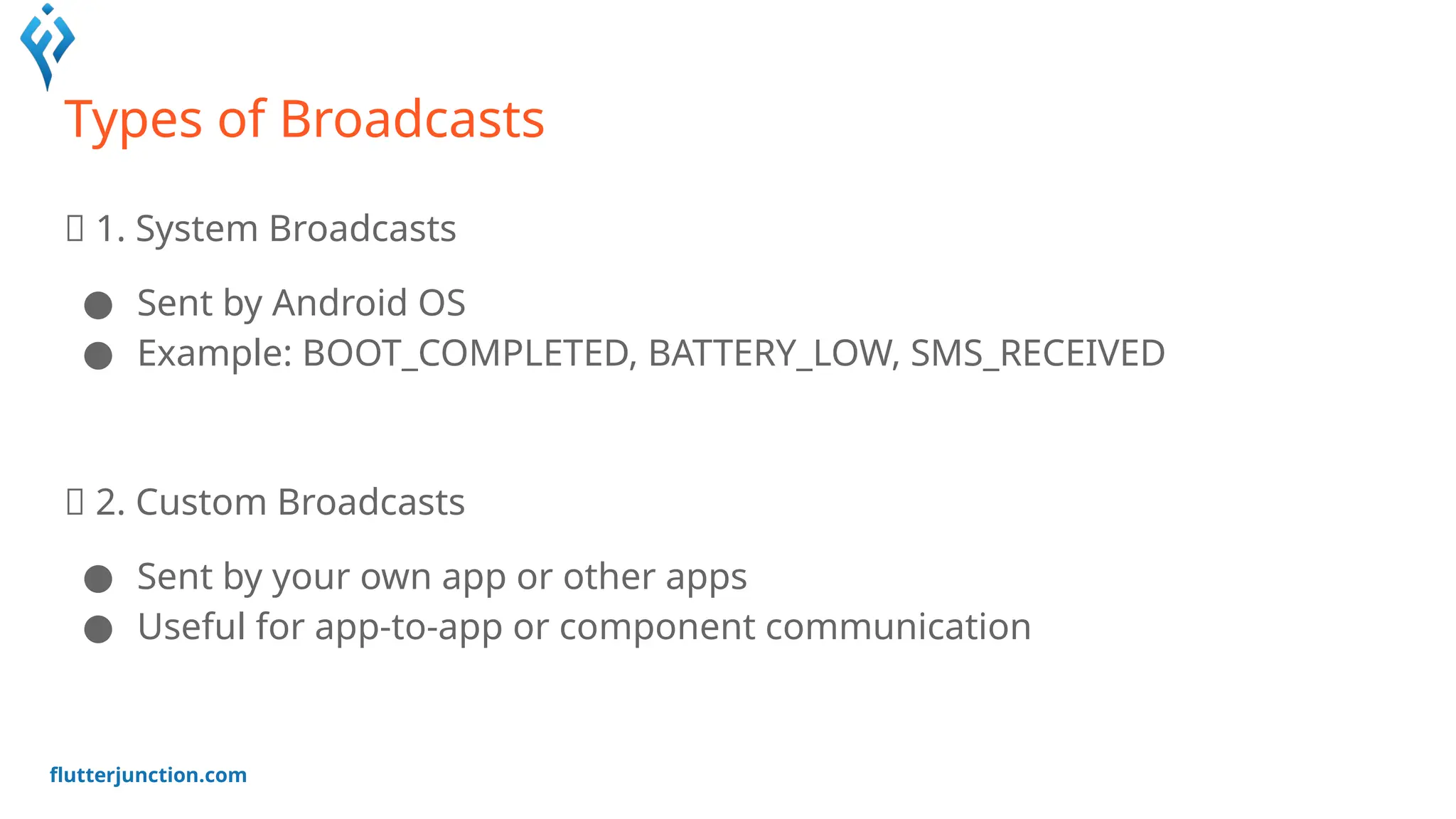 flutterjunction.com
Types of Broadcasts
📣 1. System Broadcasts
● Sent by Android OS
● Example: BOOT_COMPLETED, BATTERY_LOW, SMS_RECEIVED
📣 2. Custom Broadcasts
● Sent by your own app or other apps
● Useful for app-to-app or component communication
 