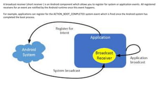 A broadcast receiver (short receiver ) is an Android component which allows you to register for system or application events. All registered
receivers for an event are notified by the Android runtime once this event happens.
For example, applications can register for the ACTION_BOOT_COMPLETED system event which is fired once the Android system has
completed the boot process.
 