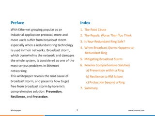 Whitepaper www.korenix.com
With Ethernet growing popular as an
Industrial application protocol, more and
more users suffer from broadcast storm
especially when a redundant ring technology
is used in their networks. Broadcast storm,
which overwhelms the network and damages
the whole system, is considered as one of the
most serious problems in Ethernet
networking.
This whitepaper reveals the root cause of
broadcast storm, and presents how to get
free from broadcast storm by korenix’s
comprehensive solution: Prevention,
Resilience, and Protection.
Preface
2
Index
1. The Root Cause
4. When Broadcast Storm Happens to
Redundant Ring
5. Mitigating Broadcast Storm
6. Korenix Comprehensive Solution
a) Prevention within a Ring
b) Resilience to RM failure
c) Protection beyond a Ring
7. Summary
2. The Result: Worse Than You Think
3. Is Your Redundant Ring Safe?
 