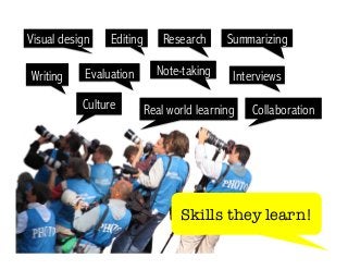 Research Summarizing 
Note-taking Interviews 
Editing 
Visual design 
Evaluation 
Real world learning Collaboration 
Writing 
Culture 
Skills they learn! 
 