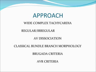APPROACH WIDE COMPLEX TACHYCARDIA REGULAR/IRREGULAR  AV DISSOCIATION CLASSICAL BUNDLE BRANCH MORPHOLOGY BRUGADA CRITERIA AVR CRITERIA 