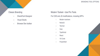 Classic Branding
• SharePoint Designer
• Visual Studio
• Browser Dev toolbar
BRANDING TOOL OPTIONS
Modern Toolset - Use Pro Tools
For CSS and JS modifications, including SPFx
• Modern toolchain
• NodeJS
• Yeoman
• Gulp
• TypeScript
• React
• VS Code
• PowerShell
 