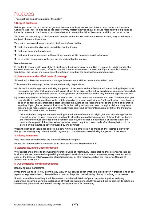 Broadform Public and Products Liability Insurance Policy