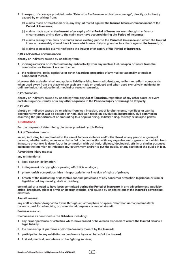 Broadform Public and Products Liability Insurance Policy