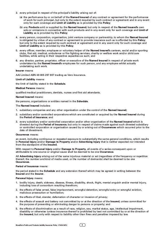 Broadform Public and Products Liability Insurance Policy
