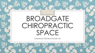 BROADGATE
CHIROPRACTIC
SPACE
Created by FGS Services (UK) Ltd
 