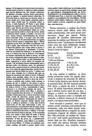 águas. 19 As ág u as p rev aleceram excessiva­
m ente sobre a te rra ; e todos os altos m ontes
que havia debaixo do céu foram cobertos.
120 Quinze côvados acim a deles prevalece­
ram as ág u as; e assim foram cobertos. 21
P ereceu toda a carne que se m ovia sobre a
te rra , tanto ave como gado, anim ais selva­
gens, todo rép til que se a rra s ta sobre a
te rra , e todo hom em . 22 Tudo o que tinha
fôlego do espírito de vida em suas narinas,
tudo o que havia na te rra seca, m orreu. 23
A ssim foram exterm inadas todas as c ria ­
tu ras que havia sobre a face da te rra , tanto
o hom em como o gado, o réptil, e as aves do
céu; todos foram exterm inados da te rra ;
ficou som ente Noé, e os que com ele e sta ­
vam na a rc a . 24 E prevaleceram as águas
sobre a te rra cento e cinqüenta dias. 1 Deus
lem brou-se de Noé, de todos os anim ais e de
todo o gado, que estav am com ele na a rc a ;
e Deus fez p assar um vento sobre a te rra , e
as águas com eçaram a dim inuir. 2 C erra­
ram -se as fontes do abism o e as jan elas do
céu, e a chuva do céu se d etev e; 3 as águas
se foram retirando de sobre a te rra ; no fim
de cento e cinqüenta dias com eçaram a m in­
guar. 4 No sétim o m ês, no dia dezessete do
m ês, repousou a a rc a sobre os m ontes de
A rará. 5 E as águas foram m inguando até o
décim o m ês; no décim o m ês, no prim eiro
dia do m ês, ap areceram os cum es dos m on­
tes. 6 Ao cabo de quaren ta dias, abriu Noé a
jan ela que havia feito na a rc a ; 7 soltou um
corvo que, saindo, ia e voltava até que as
águas se secaram de sobre a te rra . 8 Depois
soltou um a pom ba, p a ra v er se as águas
tinham m inguado de sobre a face da te rra ;
9 m as a pom ba não achou onde pousar a
planta do pé, e voltou a ele p a ra a a rc a ;
porque as águas ainda estavam sobre a face
de toda a te rra ; e Noé, estendendo a m ão,
tom ou-a e a recolheu consigo na arc a . 10
E sperou aind a outros sete dias, e tornou a
soltar a pom ba fora d a arc a . 11 Â tard in h a a
pom ba voltou p a ra ele, e eis no seu bico u m a
folha verde de oliveira; assim soube Noé
que as águas tinham m inguado de sobre a
te rra . 12 E ntão esperou ainda outros sete
dias, e soltou a pom ba; e esta não tornou
m ais a ele. 13 No ano seiscentos e um , no
m ês prim eiro, no prim eiro dia do m ês, seca-
ram -se as águas de sobre a te rra . E ntão Noé
tirou a cobertura da arc a , e olhou, e eis que
a face da te rra estav a enxuta. 14 No segundo
m ês, aos vinte e sete dias do m ês, a te rra
estav a seca. 15 E ntão falou D eus a Noé,
dizendo: 16 Sai da a rc a , tu, e juntam ente
contigo tua m ulher, teus filhos e as m ulhe­
res de teus filhos. 17 Todos os anim ais que
estão contigo, de toda a carne, tanto aves
como gado e todo réptil que se a rra s ta sobre
a te rra , traze-os p a ra fora contigo; p a ra que
se reproduzam abundantem ente n a te rra ,
frutifiquem e se m ultipliquem sobre a te rra .
18 E ntão saiu Noé, e com ele seus filhos, sua
m ulher e as m ulheres de seus filhos; 19 todo
anim al, todo réptil e toda ave, tudo o que se
m ove sobre a te rra , segundo as suas fam í­
lias, saiu da arc a .
Nestas narrativas, a análise das fontes
toma-se muito mais difícil, pois elas
estão entremeadas, não mais sendo con­
secutivas, daqui por diante. Várias
gerações de eruditos elaboraram um
esquema de análise que Skinner (p. 147)
descreveu como “justamente reconhecido
como uma das mais brilhantes realiza­
ções da crítica literária” . O seu con­
senso é como se segue:
Fonte Judia
6:1-8
7:1-5,7-10,12
7:16b (as últimas
seis palavras)
7:17b,22,23
8:2b-3a,6-12
8:13b,20-22
Fonte Sacerdotal
6:9-22
7:6,ll,13-16a
7:18-21,24
8:l,3b-5,13a
8:14-19
9:1-17
Se esta análise é legítima, as duas
fontes primárias estão em agudo desa­
cordo a respeito da extensão do dilúvio.
A fonte Judia declara que choveu duran­
te quarenta dias. No fim daquele período
Noé abriu a janela da arca e soltou o
corvo. O relato Sacerdotal posterior diz
que o dilúvio durou mais de um ano, e
chegou a cobrir as montanhas. Desta
forma, da maneira como a tradição era
contada, o dilúvio tornou-se de duração
maior, e as águas mais profundas.
Esta situação é possível, visto que os
relatos ainda estariam concordando ba­
sicamente, cada um deles dando teste­
munho independente a respeito do acon­
tecimento original do dilúvio catastró­
fico. Não obstante, tal análise de “tesou­
ra e cola” está sendo questionada seria­
mente hoje em dia. Eruditos responsá­
veis estão não apenas fazendo análises
mais detalhadas, mas também outros
199
 