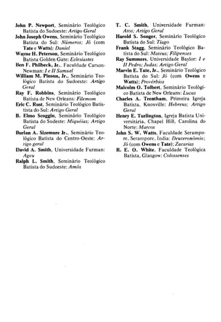 John P. Newport, Seminário Teológico
Batista do Sudoeste: Artigo Geral
John Joseph Owens, Seminário Teológico
Batista do Sul: Números; Jó (com
Tate e Watts); Daniel
Wayne H. Peterson, Seminário Teológico
Batista Golden Gate: Eclesiastes
Ben F. Philbeck, Jr., Faculdade Carson-
Newman: I e II Samuel
William M. Pinson, Jr., Seminário Teo­
lógico Batista do Sudoeste: Artigo
Geral
Ray F. Robbins, Seminário Teológico
Batista de New Orleans: Filemom
Eric C. Rust, Seminário Teológico Batis-
tista do Sul: Artigo Geral
B. Elmo Scoggin, Seminário Teológico
Batista do Sudeste: Miquéias; Artigo
Geral
Burlan A. Sizemore Jr., Seminário Teo­
lógico Batista do Centro-Oeste: Ar­
tigo geral
David A. Smith, Universidade Furman:
Ageu
Ralph L. Smith, Seminário Teológico
Batista do Sudoeste: Amós
T. C. Smith, Universidade Furman:
Atos; Artigo Geral
Harold S. Songer, Seminário Teológico
Batista do Sul: Tiago
Frank Stagg, Seminário Teológico Ba­
tista do Sul: Mateus; Filipenses
Ray Summers, Universidade Baylor: I e
I I Pedro; Judas; Artigo Geral
Marvin E. Tate, Jr., Seminário Teológico
Batista do Sul: Jó (com Owens e
Watts); Provérbios
Malcolm O. Tolbert, Seminário Teológi­
co Batista de New Orleans: Lucas
Charles A. Trentham, Primeira Igreja
Batista, Knoxville: Hebreus; Artigo
Geral
Henry E. Turlington, Igreja Batista Uni­
versitária, Chapel Hill, Carolina do
Norte: Marcos
John S. W. Watts, Faculdade Serampo-
re, Serampore. índia: Deuteronômio
Jó (com Owens e Tate); Zacarias
R. E. O. White, Faculdade Teológica
Batista, Glasgow: Colossenses
 