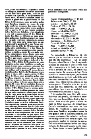 ções, pelas suas famílias, segundo as casas
de seus pais, conforme onúmero dos nomes
dos de vinte anos para cima, todos os que
podiam sair à guerra, 29 os que foram con­
tados deles, da tribo de Issacar, eram cin­
qüenta e quatro mil e quatrocentos. 30 Dos
filhos de Zebulom, as suas gerações, pelas
suas famílias, segundo as casas de seus
pais, conforme o número dos nomes dos de
vinte anos para cima, todos os que podiam
sair à guerra, 31 os que foram contados
deles, da tribo de Zebulom, eram cinqüenta
e sete mil e quatrocentos. 32 Dos filhos de
José: dos filhos de Efraim, as suas gera­
ções, pelas suas famílias, segundo as casas
de seus pais, conforme o número dos nomes
dos de vinte anos para cima, todos os que
podiam sair à guerra, 33 os que foram con­
tados deles, da tribo de Efraim, eram qua­
renta mil e quinhentos; 34 e dos filhos de
Manassés, as suas gerações, pelas suas fa­
mílias, segundo as casas de seus pais, con­
forme onúmerodos nomesdos de vinte anos
para cima, todos os que podiam sair à guer­
ra, 35 os que foram contados deles, da tribo
de Manassés, eram trinta e dois mil e du­
zentos. 36 Dos filhos de Benjamim, as suas
gerações, pelas suas famílias, segundo as
casas de seus pais, conforme o número dos
nomes dosde vinte anos para cima, todos os
que podiam sair à guerra, 37 os que foram
contadosdeles, da tribo de Benjamim, eram
trinta e cinco mil e quatrocentos. 38 Dos
filhos de Dã, as suas gerações, pelas suas
famílias, segundo as casas de seus pais,
conforme o número dos nomes dos de vinte
anos para cima, todos os que podiam sair à
guerra, 39 os que foram contados deles, da
tribo de Dã, eram sessenta e dois mil e sete­
centos. 40 Dos filhos de Aser, as suas gera­
ções, pelas suas famílias, segundo as casas
de seus pais, conforme onúmero dos nomes
dos de vinte anos para cima, todos os que
podiam sair à guerra, 41 os que foram con­
tados deles, da tribo de Aser, eram quarenta
e um mil e quinhentos. 42 Dos filhos de
Naftali, as suas gerações, pelas suas famí­
lias, segundo as casas de seus pais, confor­
me o número dos nomes dos de vinte anos
para cima, todos os que podiam sair à guer­
ra, 43 os que foram contados deles, da tribo
de Naftali, eram cinqüenta e três mil e qua­
trocentos, 44 São esses os que foram con­
tados por Moisés e Arão, e pelospríncipes de
Israel, sendo estes doze homens e represen­
tando cada um a casa de seus pais. 45 Assim
todos os que foram contados dos filhos de
Israel, segundo as casas de seus pais, de
vinte anos para cima, todos os de Israel que
podiam sair à guerra, 46 sim, todos os que
foram contados eram seiscentos e três mil
quinhentos e cinqüenta.
Regras processualísticas(v. 17-19)
Rúben —46.500(v. 20,21)
Simeâo —59.300(v. 22,23)
Gade —45.650(v. 24,25)
Judá —74.600(v. 26,27)
Issacar —54.400(v. 28,29)
Zebulom —57.400(v. 30,31)
Efraim-40.500 (v. 32,33)
Manassés —32.200(v. 34,35)
Benjamim —35.400(v. 36,37)
Dã —62.700(v. 38,39)
Aser —41.500(v. 40,41)
Naftali —53.400(v. 42,43)
Total 603.550(v. 44-46)
Na introdução a Números, há três
termos que se relacionam entre si, mas
que não são sinônimos — i.e., as casas
dos pais, a família e a tribo. A expressão
as casas de seus pais é usada para cada
tribo (menos para a de Levi). Através de
toda a história de Israel, há vários seg­
mentos dentro da estrutura tribal. Nesta
expressão, casas de seus pais, pode-se ver
que, finalmente, o grupo todo tinha uma
coesãona descendência de um patriarca.
Gerou, este, filhos por sua esposa ou por
suas esposas. Também pode ter gerado
filhos por sua concubina ou por suas
concubinas (que eram, na realidade, es­
posas semreconhecimento legal).
O termo família quer dizer clã, poste­
ridade ouum grêmio, tal como dos escri­
vães, que era hereditário dentro das fa­
mílias. Esta unidade pode também in­
cluir os filhos nascidos de concubinas.
Quando se menciona cada uma das doze
tribos, há referência a suas gerações,
pelas suas famílias, segundo as casas de
seus pais; e tribo é também referida, em
caso de contagem. No primeiro capítulo,
há um rígido esboço e terminologia, tipo
sacerdotal, usados no registro do censo.
Tal acúmulo de termos indica um longo
período de desenvolvimento deste regis­
tro. Estas frases tinham significados es­
109
 