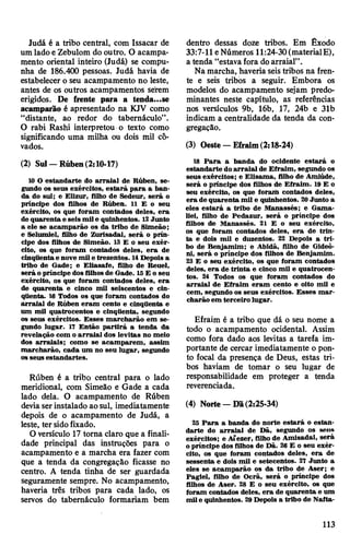 Judá é a tribo central, com Issacar de
um lado eZebulom do outro. O acampa­
mento oriental inteiro (Judá) se compu­
nha de 186.400 pessoas. Judá havia de
estabelecer o seu acampamento no leste,
antes de os outros acampamentos serem
erigidos. De frente para a tenda...se
acamparão é apresentado na KJV como
“distante, ao redor do tabernáculo”.
O rabi Rashi interpretou o texto como
significando uma milha ou dois mil cô-
vados.
(2) Sul —Rúben (2:10-17)
10 O estandarte do arraial de Rúben, se­
gundo os seus exércitos, estará para a ban­
da do sul; e Elizur, filho de Sedeur, será o
príncipe dos filhos de Rúben. 11 E o seu
exército, os que foram contados deles, era
dequarenta e seis mile quinhentos. 12Junto
a ele se acamparão os da tribo de Simeão;
e Selumiel, filho de Zurisadai, será o prín­
cipe dos filhos de Simeão. 13 E o seu exér­
cito, os que foram contados deles, era de
cinqüentae nove mile trezentos. 14Depois a
tribo de Gade; e Eliasafe, filho de Reuel,
será opríncipe dosfilhosde Gade. 15E o seu
exército, os que foram contados deles, era
de quarenta e cinco mil seiscentos e cin­
qüenta. lfi Todos os que foram contados do
arraial de Rúben eram cento e cinqüenta e
um mil quatrocentos e cinqüenta, segundo
os seus exércitos. Esses marcharão em se­
gundo lugar. 17 Então partirá a tenda da
revelação com o arraial dos levitas no meio
dos arraiais; como se acamparem, assim
marcharão, cada um no seu lugar, segundo
osseus estandartes.
Rúben é a tribo central para o lado
meridional, com Simeão e Gade a cada
lado dela. O acampamento de Rúben
deviaserinstalado aosul, imediatamente
depois de o acampamento de Judá, a
leste, ter sidofixado.
Oversículo 17 torna claro que a finali­
dade principal das instruções para o
acampamento e a marcha era fazer com
que a tenda da congregação ficasse no
centro. A tenda tinha de ser guardada
seguramente sempre. No acampamento,
haveria três tribos para cada lado, os
servos do tabernáculo formariam bem
dentro dessas doze tribos. Em Êxodo
33:7-11 eNúmeros 11:24-30(materialE),
a tenda “estava fora doarraial”.
Na marcha, haveria seistribos na fren­
te e seis tribos a seguir. Embora os
modelos do acampamento sejam predo­
minantes neste capítulo, as referências
nos versículos 9b, 16b, 17, 24b e 31b
indicam a centralidade da tenda da con­
gregação.
(3) Oeste —Efraim(2:18-24)
18 Para a banda do ocidente estará o
estandarte doarraial de Efraim, segundo os
seus exércitos; e Elisama, filho de Amiúde,
será o príncipe dos filhos de Efraim. 19 E o
seu exército, os que foram contados deles,
era de quarenta mil e quinhentos. 20Junto a
eles estará a tribo de Manassés; e Gama-
liei, filho de Pedazur, será o príncipe dos
filhos de Manassés. 21 E o seu exército,
os que foram contados deles, era de trin­
ta e dois mil e duzentos. 22 Depois a tri­
bo de Benjamim; e Abidã, filho de Gideô-
ni, será o príncipe dos filhos de Benjamim.
23 E o seu exército, os que foram contados
deles, era de trinta e cinco mil e quatrocen­
tos. 24 Todos os que foram contados do
arraial de Efraim eram cento e oito mil e
cem, segundo os seus exércitos. Esses mar­
charão em terceiro lugar.
Efraim é a tribo que dá o seu nome a
todo o acampamento ocidental. Assim
como fora dado aos levitas a tarefa im­
portante de cercar imediatamente o pon­
to focal da presença de Deus, estas tri­
bos haviam de tomar o seu lugar de
responsabilidade em proteger a tenda
reverenciada.
(4) Norte - Dã(2:25-34)
25 Para a banda do norte estará o estan­
darte do arraial de Dã, segundo os seus
exércitos; e Aíezer, filho de Amisadal, será
o príncipe dos filhos de Dã. 26 E o seu exér­
cito, os que foram contados deles, era de
sessenta e dois mil e setecentos. 27 Junto a
eles se acamparão os da tribo de Aser; e
Pagiel, filho de Ocrã, será o príncipe dos
filhos de Aser. 28 E o seu exército, os que
foram contados deles, era de quarenta e um
mile quinhentos. 29Depois a tribo de Nafta-
113
 