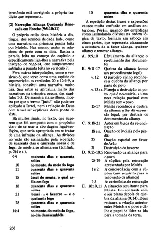 teronômio está corrigindo a própria tra­
dição querepresenta.
(2) Narração: Aliança Quebrada Reno­
vadaemHorebe(9:8-10:11)
O próprio estilo desta história a dis­
tingue, dos sermões de cada lado, como
uma narrativa na primeira pessoa feita
por Moisés. Mas mesmo assim se rela­
ciona de perto com os dois. Ilustra a
parada feita no começo do capítulo e
especificamenteliga-lhes a narrativa pela
inserção de 9:22-24, que simplesmente
sublinha aparada feitano versículo 7.
Fora outras interpolações, como o ver­
sículo 8, que serve como uma espécie de
superscrição, os versículos 20 e 10:6-9, a
história constitui uma narrativa muito
lisa. Seu estilo se aproxima muito das
narrativas na primeira pessoa dos capí­
tulos 1-3. De maneira maravilhosa, mos­
tra por que otermo “justo” não pode ser
aplicado a Israel, nem a relação de Deus
com Israel ser explicada deste ponto de
vista.
Há muitos sinais, no texto, que suge­
rem que foi composto com o propósito
claro de se usar a abordagem legal-teo-
lógica, que seria apropriada em se tratar
de uma infração da aliança. As divisões
no texto são assinaladas pela repetição
de quarenta dias e quarenta noites e de
fogo, de modo a se alternarem (Lohfink,
p. 214es.).
9:9 quarenta dias e quarenta
noites
10 nomonte, do meio do fogo
11 quarenta dias e quarenta
noites
15 desci do monte, o qual ar­
diaemfogo
18 quarenta dias e quarenta
noites
21 tomei ... o bezerro ... e o
queimeiafogo
25 quarenta dias e quarenta
noites
10:4 nomonte,domeiodo fogo,
nodiadaassembléia
10 quarenta dias e quarenta
noites
A repetição destas frases e expressões
causou muita confusão em análises an­
teriores. Porém, quando são entendidas
como assinalando divisões na ordem ló­
gica do texto, formam um esboço em
cinco partes, que representa claramente
a estrutura de se fazer aliança, quebrar
aliançaerenovar aliança.
A. 9:9,10 Efetuamento da aliança: o
recebimento dos documen­
tos
B. 9:11-17 Quebra da aliança (como
um procedimento legal)
v. 12 O parceiro divino reconhe­
ce a quebra da aliança por
parte dopovo
v.13es.Planeja a destruição do po­
vo, queé necessária, e uma
nova relação pactuai com
Moisés semopovo
15-17 Moisés reconhece a quebra
da aliança e lhe dá expres­
são legal, por destruir os
documentos da aliança
C. 9:18-21 Açõesem busca da reconci­
liação
18e s. Oração deMoisés pelo per­
dão
20 Oração especial em favor
deArão
21 Destruição dobezerro
D. 9:25-10:5 Renovação da aliança para
opovo
25-29 A súplica pela renovação
apresentada por Moisés
1e 2 A concordância com a sú­
plica (um requisito para a
renovação da aliança)
3-5 Ascerimôniasde renovação
E. 10:10,11 A situação resultante para
Moisés. Em contraste com
o seu plano depois da que­
bra da aliança (9:14),'Deus
restaura a relação anterior
entre Moisés eo povo e dá-
lhe o papel de líder na ida
para a tomada daterra.
268
 
