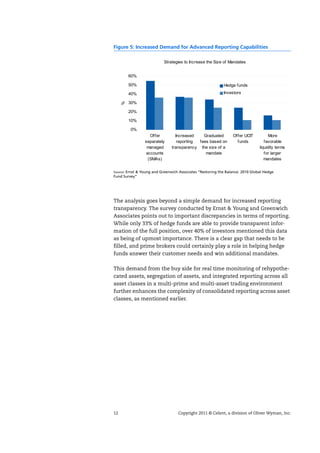 12 Copyright 2011 © Celent, a division of Oliver Wyman, Inc.
Figure 5: Increased Demand for Advanced Reporting Capabilities
The analysis goes beyond a simple demand for increased reporting
transparency. The survey conducted by Ernst & Young and Greenwich
Associates points out to important discrepancies in terms of reporting.
While only 33% of hedge funds are able to provide transparent infor-
mation of the full position, over 40% of investors mentioned this data
as being of upmost importance. There is a clear gap that needs to be
filled, and prime brokers could certainly play a role in helping hedge
funds answer their customer needs and win additional mandates.
This demand from the buy side for real time monitoring of rehypothe-
cated assets, segregation of assets, and integrated reporting across all
asset classes in a multi-prime and multi-asset trading environment
further enhances the complexity of consolidated reporting across asset
classes, as mentioned earlier.
Source: Ernst & Young and Greenwich Associates “Restoring the Balance: 2010 Global Hedge
Fund Survey”
Strategies to Increase the Size of Mandates
0%
10%
20%
30%
40%
50%
60%
Offer
separately
managed
accounts
(SMAs)
Increased
reporting
transparency
Graduated
fees based on
the size of a
mandate
Offer UCIT
funds
More
favorable
liquidity terms
for larger
mandates
%
Hedge funds
Investors
 