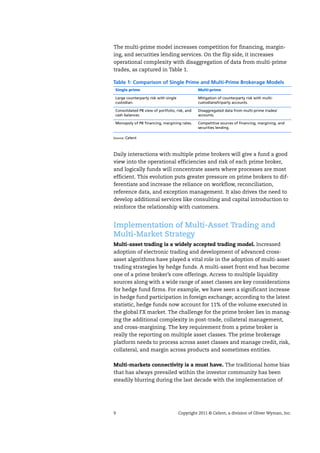 9 Copyright 2011 © Celent, a division of Oliver Wyman, Inc.
The multi-prime model increases competition for financing, margin-
ing, and securities lending services. On the flip side, it increases
operational complexity with disaggregation of data from multi-prime
trades, as captured in Table 1.
Daily interactions with multiple prime brokers will give a fund a good
view into the operational efficiencies and risk of each prime broker,
and logically funds will concentrate assets where processes are most
efficient. This evolution puts greater pressure on prime brokers to dif-
ferentiate and increase the reliance on workflow, reconciliation,
reference data, and exception management. It also drives the need to
develop additional services like consulting and capital introduction to
reinforce the relationship with customers.
Implementation of Multi-Asset Trading and
Multi-Market Strategy
Multi-asset trading is a widely accepted trading model. Increased
adoption of electronic trading and development of advanced cross-
asset algorithms have played a vital role in the adoption of multi-asset
trading strategies by hedge funds. A multi-asset front end has become
one of a prime broker’s core offerings. Access to multiple liquidity
sources along with a wide range of asset classes are key considerations
for hedge fund firms. For example, we have seen a significant increase
in hedge fund participation in foreign exchange; according to the latest
statistic, hedge funds now account for 11% of the volume executed in
the global FX market. The challenge for the prime broker lies in manag-
ing the additional complexity in post-trade, collateral management,
and cross-margining. The key requirement from a prime broker is
really the reporting on multiple asset classes. The prime brokerage
platform needs to process across asset classes and manage credit, risk,
collateral, and margin across products and sometimes entities.
Multi-markets connectivity is a must have. The traditional home bias
that has always prevailed within the investor community has been
steadily blurring during the last decade with the implementation of
Table 1: Comparison of Single Prime and Multi-Prime Brokerage Models
Single prime Multi-prime
Large counterparty risk with single
custodian.
Mitigation of counterparty risk with multi-
custodians/triparty accounts.
Consolidated PB view of portfolio, risk, and
cash balances.
Disaggregated data from multi-prime trades/
accounts.
Monopoly of PB financing, margining rates. Competitive sources of financing, margining, and
securities lending.
Source: Celent
 