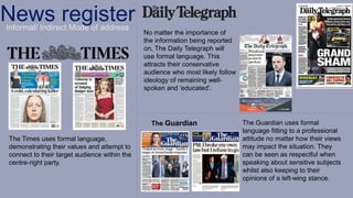News register
Informal/ Indirect Mode of address
The Times uses formal language,
demonstrating their values and attempt to
connect to their target audience within the
centre-right party.
The Guardian The Guardian uses formal
language fitting to a professional
attitude no matter how their views
may impact the situation. They
can be seen as respectful when
speaking about sensitive subjects
whilst also keeping to their
opinions of a left-wing stance.
No matter the importance of
the information being reported
on, The Daily Telegraph will
use formal language. This
attracts their conservative
audience who most likely follow
ideology of remaining well-
spoken and 'educated'.
 