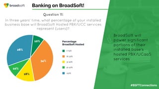 #BSFTConnections
Banking on BroadSoft!
Question 11:
In three years’ time, what percentage of your installed
business base will BroadSoft Hosted PBX/UCC services
represent (users)?
BroadSoft will
power significant
portions of their
installed base’s
hosted PBX/UCaaS
services
 