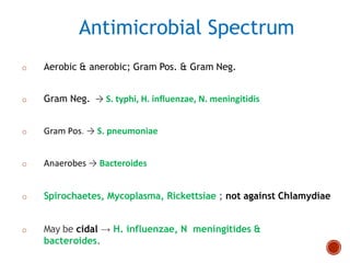 Antimicrobial Spectrum
o Aerobic & anerobic; Gram Pos. & Gram Neg.
o Gram Neg. → S. typhi, H. influenzae, N. meningitidis
o Gram Pos. → S. pneumoniae
o Anaerobes → Bacteroides
o Spirochaetes, Mycoplasma, Rickettsiae ; not against Chlamydiae
o May be cidal → H. influenzae, N meningitides &
bacteroides.
 