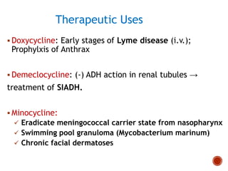 Therapeutic Uses
 Doxycycline: Early stages of Lyme disease (i.v.);
Prophylxis of Anthrax
 Demeclocycline: (-) ADH action in renal tubules →
treatment of SIADH.
 Minocycline:
 Eradicate meningococcal carrier state from nasopharynx
 Swimming pool granuloma (Mycobacterium marinum)
 Chronic facial dermatoses
 
