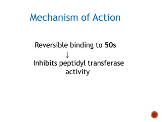 Mechanism of Action
Reversible binding to 50s
↓
Inhibits peptidyl transferase
activity
 