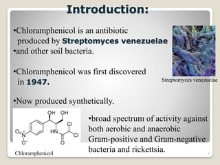 2
•Chloramphenicol is an antibiotic
produced by Streptomyces venezuelae
•and other soil bacteria.
•Chloramphenicol was first discovered
in 1947.
•Now produced synthetically.
Streptomyces venezuelae
Introduction:
Chloramphenicol
•broad spectrum of activity against
both aerobic and anaerobic
Gram-positive and Gram-negative
bacteria and rickettsia.
 