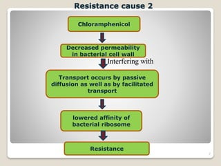 7
Chloramphenicol
Transport occurs by passive
diffusion as well as by facilitated
transport
Decreased permeability
in bacterial cell wall
Interfering with
lowered affinity of
bacterial ribosome
Resistance
Resistance cause 2
 