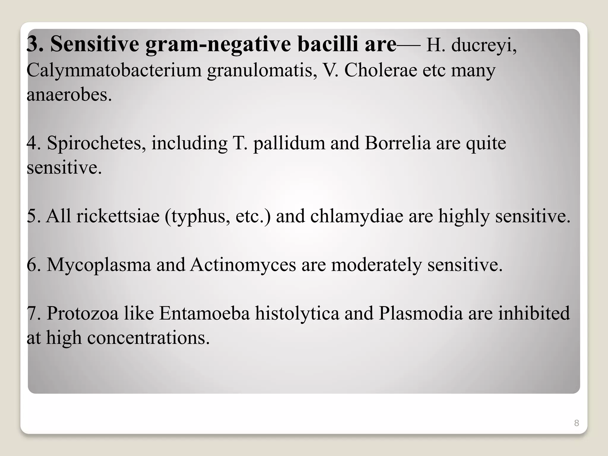 8
3. Sensitive gram-negative bacilli are— H. ducreyi,
Calymmatobacterium granulomatis, V. Cholerae etc many
anaerobes.
4. Spirochetes, including T. pallidum and Borrelia are quite
sensitive.
5. All rickettsiae (typhus, etc.) and chlamydiae are highly sensitive.
6. Mycoplasma and Actinomyces are moderately sensitive.
7. Protozoa like Entamoeba histolytica and Plasmodia are inhibited
at high concentrations.
 