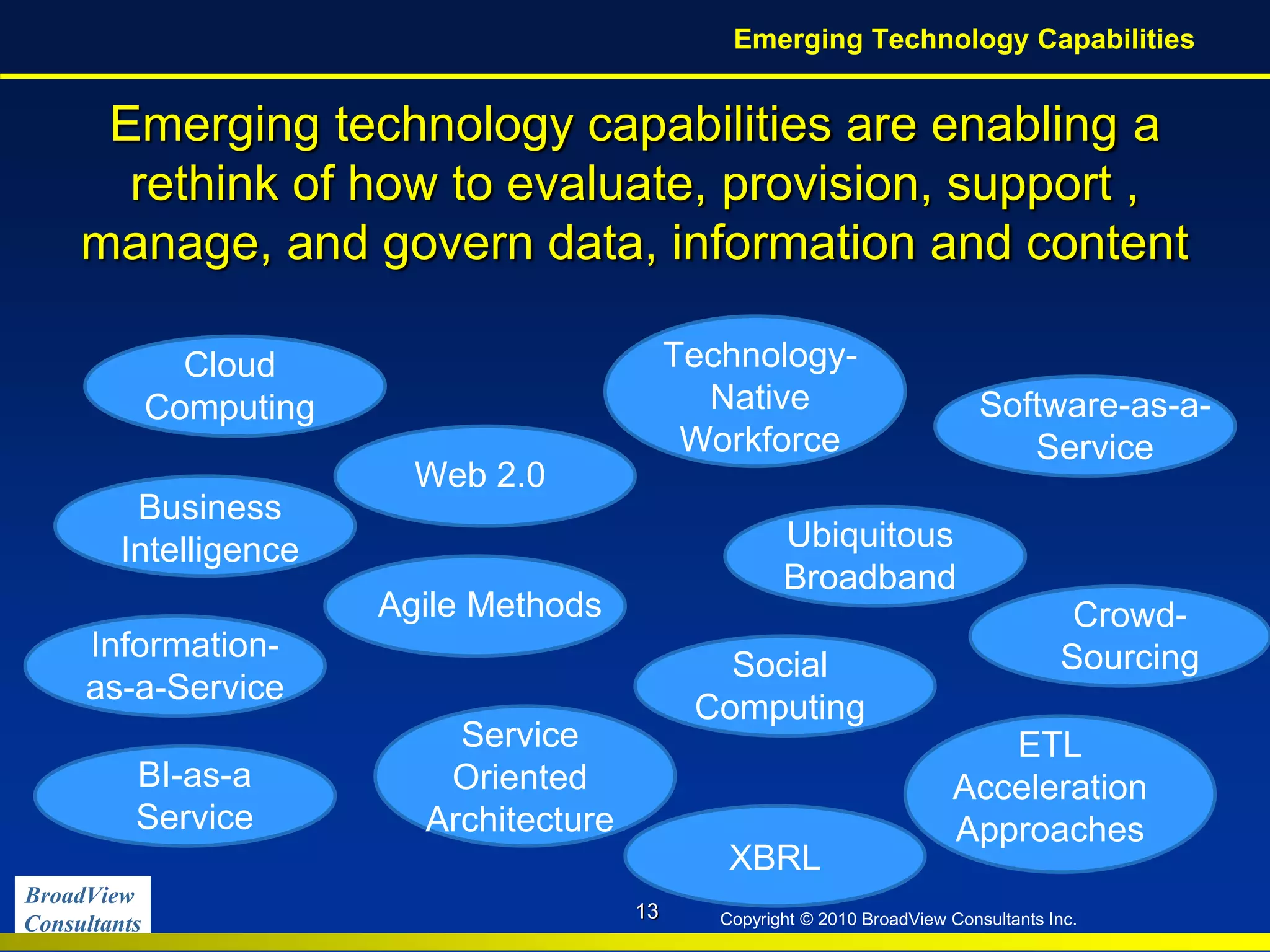 BroadView
Consultants Copyright © 2010 BroadView Consultants Inc.
Emerging technology capabilities are enabling a
rethink of how to evaluate, provision, support ,
manage, and govern data, information and content
13
Emerging Technology Capabilities
Cloud
Computing
Web 2.0
Technology-
Native
Workforce
Information-
as-a-Service
Ubiquitous
Broadband
Service
Oriented
Architecture
Social
Computing
Software-as-a-
Service
ETL
Acceleration
Approaches
Agile Methods
Business
Intelligence
BI-as-a
Service
Crowd-
Sourcing
XBRL
 