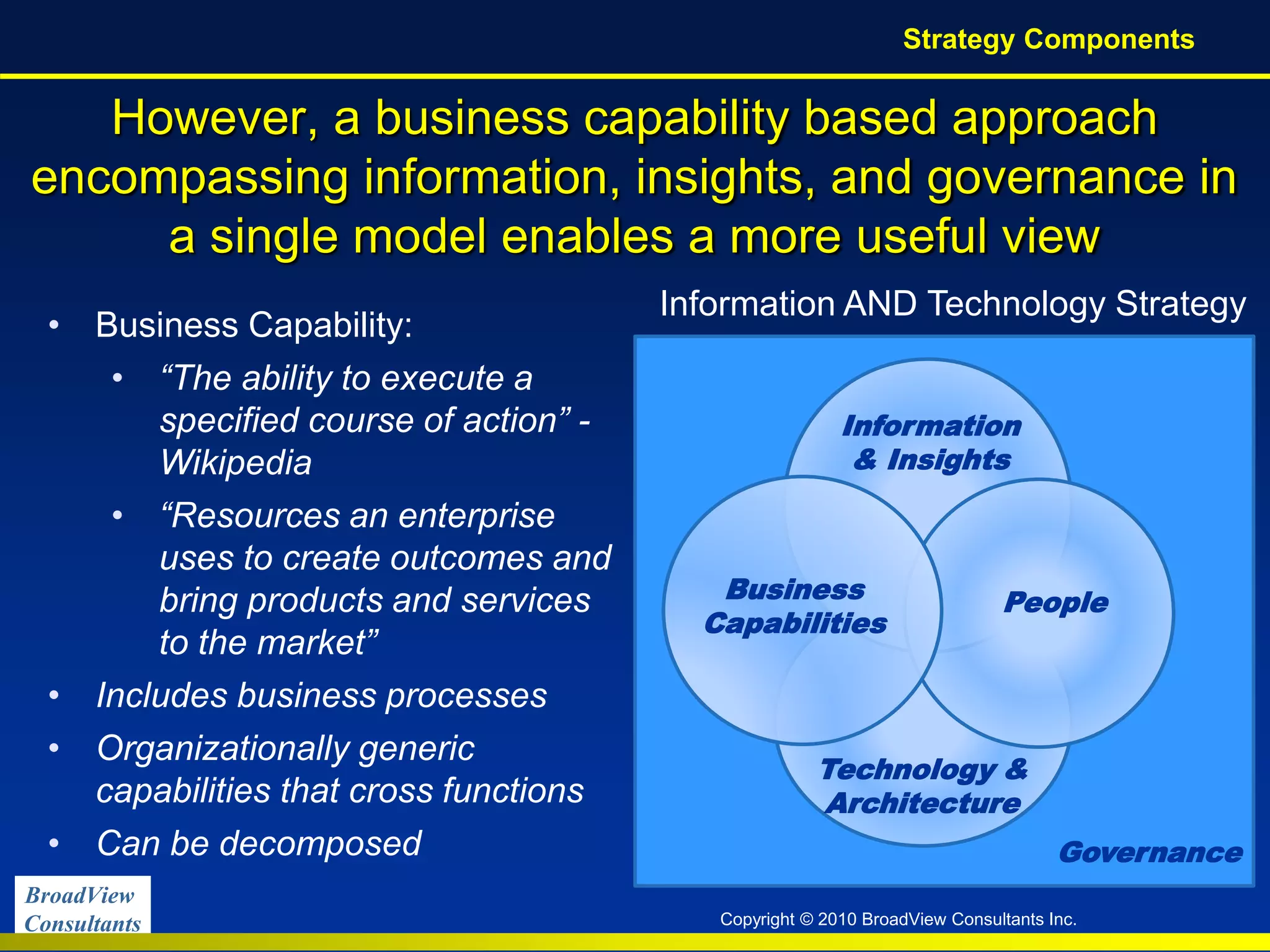 BroadView
Consultants Copyright © 2010 BroadView Consultants Inc.
However, a business capability based approach
encompassing information, insights, and governance in
a single model enables a more useful view
Strategy Components
Governance
Information AND Technology Strategy
Information
& Insights
Technology &
Architecture
PeopleBusiness
Capabilities
• Business Capability:
• “The ability to execute a
specified course of action” -
Wikipedia
• “Resources an enterprise
uses to create outcomes and
bring products and services
to the market”
• Includes business processes
• Organizationally generic
capabilities that cross functions
• Can be decomposed
 