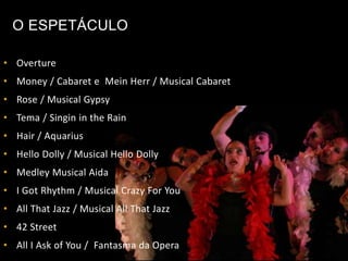 • Overture
• Money / Cabaret e Mein Herr / Musical Cabaret
• Rose / Musical Gypsy
• Tema / Singin in the Rain
• Hair / Aquarius
• Hello Dolly / Musical Hello Dolly
• Medley Musical Aida
• I Got Rhythm / Musical Crazy For You
• All That Jazz / Musical All That Jazz
• 42 Street
• All I Ask of You / Fantasma da Opera
O ESPETÁCULO
 