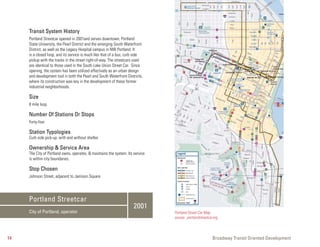 Transit System History
     Portland Streetcar opened in 2001and serves downtown, Portland
     State University, the Pearl District and the emerging South Waterfront
     District, as well as the Legacy Hospital campus in NW Portland. It
     is a closed loop, and its service is much like that of a bus; curb side
     pickup with the tracks in the street right-of-way. The streetcars used
     are identical to those used in the South Lake Union Street Car. Since
     opening, the system has been utilized effectively as an urban design
     and development tool in both the Pearl and South Waterfront Districts,
     where its construction was key in the development of these former
     industrial neighborhoods.

     Size
     8 mile loop

     Number Of Stations Or Stops
     Forty-four

     Station Typologies
     Curb side pick-up, with and without shelter

     Ownership & Service Area
     The City of Portland owns, operates, & maintains the system. Its service
     is within city boundaries.

     Stop Chosen
     Johnson Street, adjacent to Jamison Square




     Portland Streetcar
                                                                      2001
     City of Portland, operator                                                 Portland Street Car Map
                                                                                source: portlandstreetcar.org




14                                                                                                       Broadway Transit Oriented Development
 