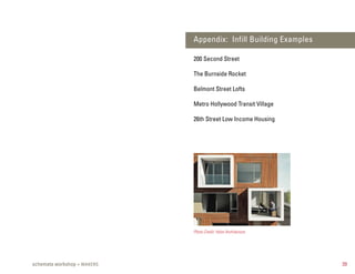 Appendix: Infill Building Examples

                             200 Second Street

                             The Burnside Rocket

                             Belmont Street Lofts

                             Metro Hollywood Transit Village

                             26th Street Low Income Housing




                             Photo Credit: Holst Architecture




schemata workshop + MAKERS                                        39
 