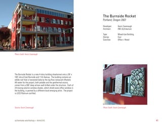 The Burnside Rocket
                                                                             Portland, Oregon 2007

                                                                             Developer:        Kevin Cavenaugh
                                                                             Architect:        FBD Architecture

                                                                             Type:             Mixed-Use Building
                                                                             Stories:          Four
                                                                             Size/Use:         Office + Retail




Photo Credit: Kevin Cavenaugh




The Burnside Rocket is a new 4-story building shoehorned onto a 38’ x
100’ site at East Burnside and 11th Avenue. The building contains an
edible roof that is harvested daily by the top floor restaurant (Rocket).
All water for the project, both potable and the geothermal source,
comes from a 300’ deep artisan well drilled under the structure. Each of
24 moving exterior window shades, which shield every office window in
the building, is painted by a different local emerging artist. The project
is LEED Platinum certified.




Source: Kevin Cavenaugh                                                      Photo Credit: Kevin Cavenaugh




schemata workshop + MAKERS                                                                                          41
 
