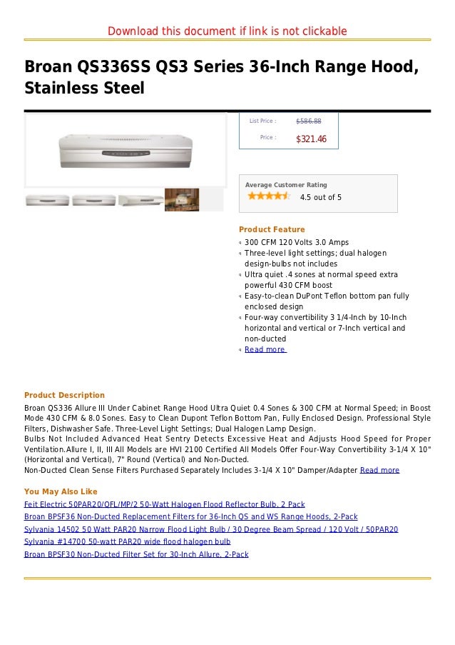 Broan qs336 ss qs3 series 36 inch range hood, stainless steel